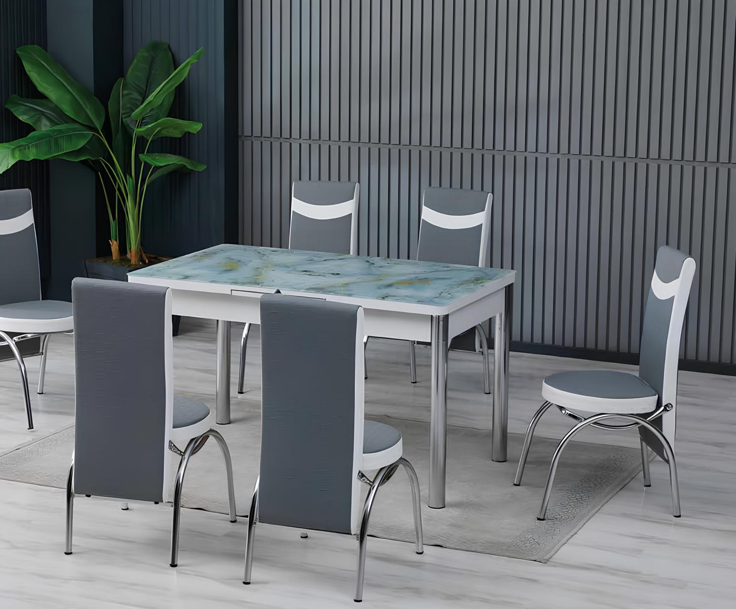 Essgruppen Esszimmer Esstisch Stühle Grau Stoff Marmor Rechteckig