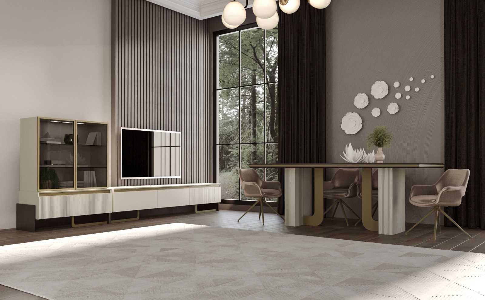 Modernes Esszimmer-Set mit TV-Einheit und Vitrine in Beigetönen