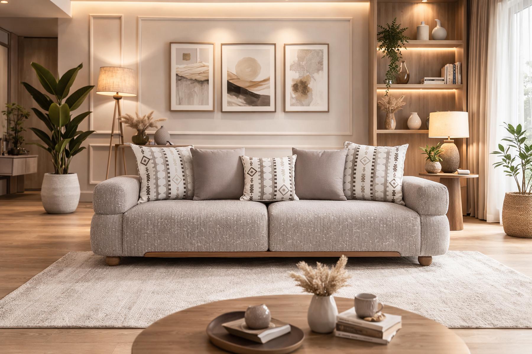 Graues Textilsofa Schicke Wohnzimmer Polstercouch Holzgestell