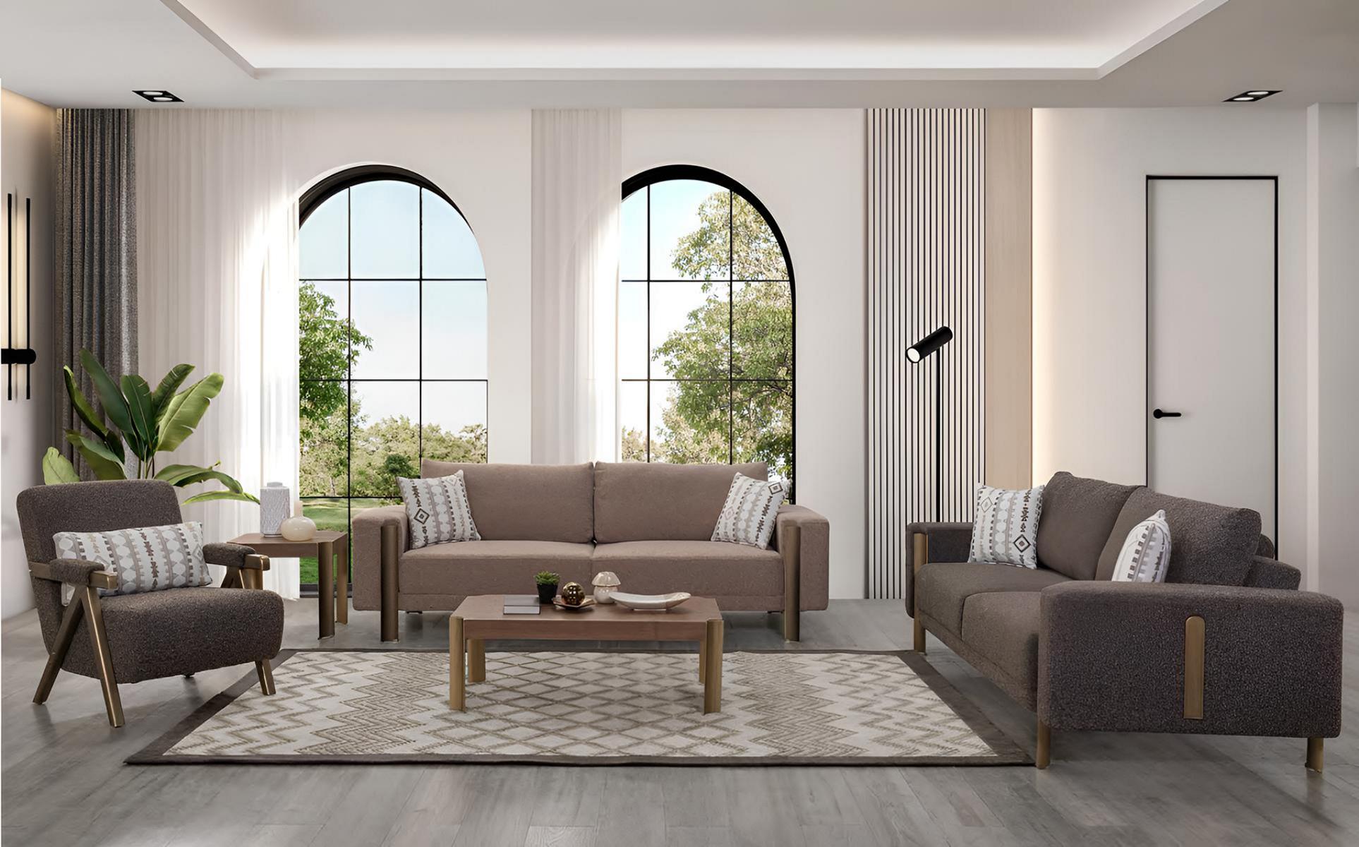 Braune Couchgarnitur 2x Polster 3-Sitzer Edler Couchtisch Sessel