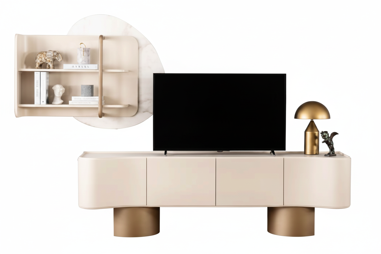 Wohnzimmer Set Moderner Stil Beige Geräumiges TV-Lowboard Holzrahmen
