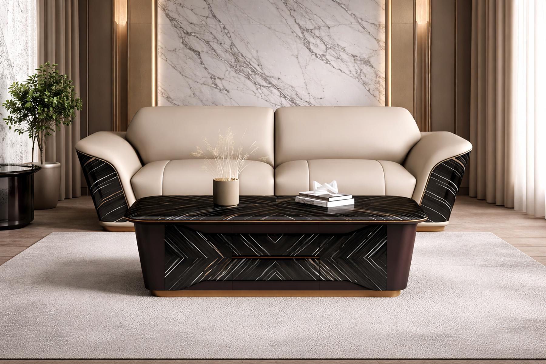 Luxuriöses Beiges Ledersofa Polstercouch Designer 3-Sitzer Couchtisch