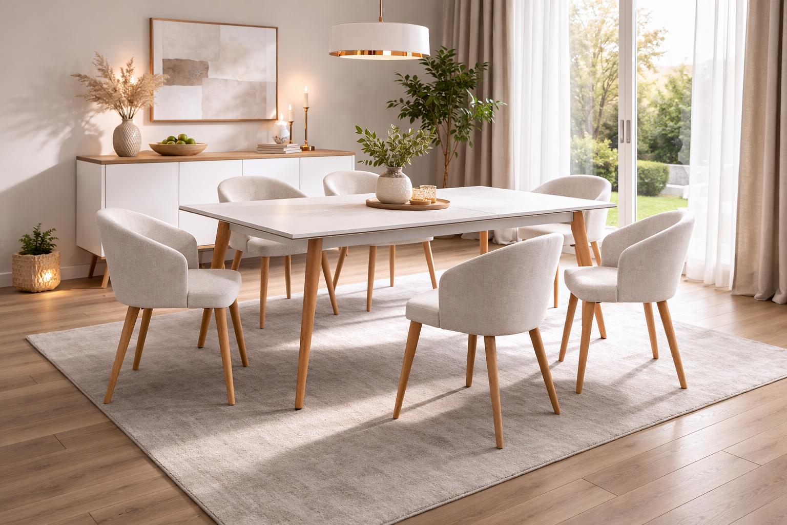 Stilvolles weißes Esszimmer-Set rechteckiger Esstisch gepolsterte Stühle