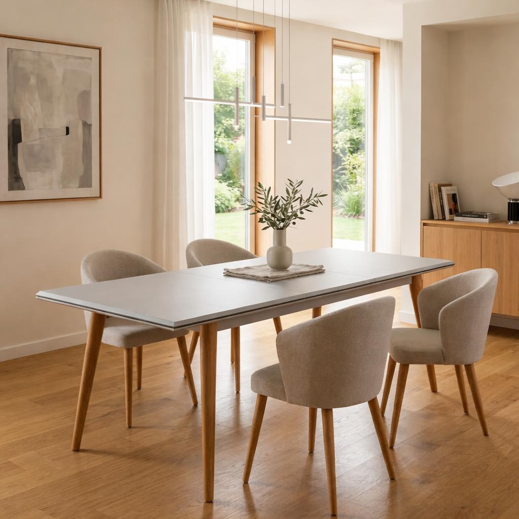 Elegantes weißes Esszimmer-Set großer Esstisch gepolsterte Stühle 5 tlg