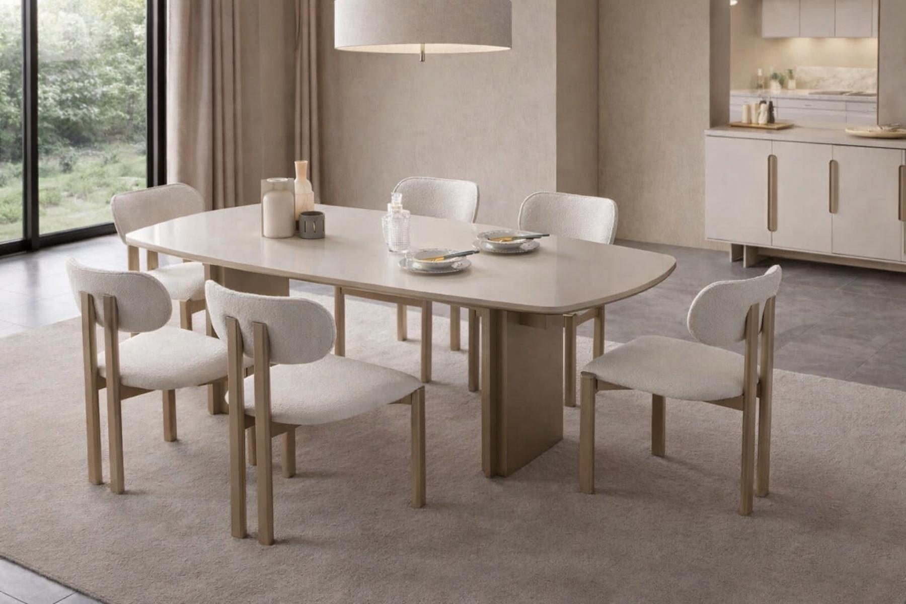 Beiges Esszimmer-Set großer Esstisch  gepolsterte Stühle Esszimmermöbel