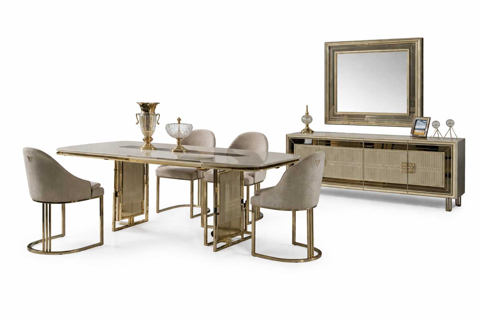 Luxuriöses Esszimmer Set Esstisch 4x Stühle Designer Sideboard mit Spiegel
