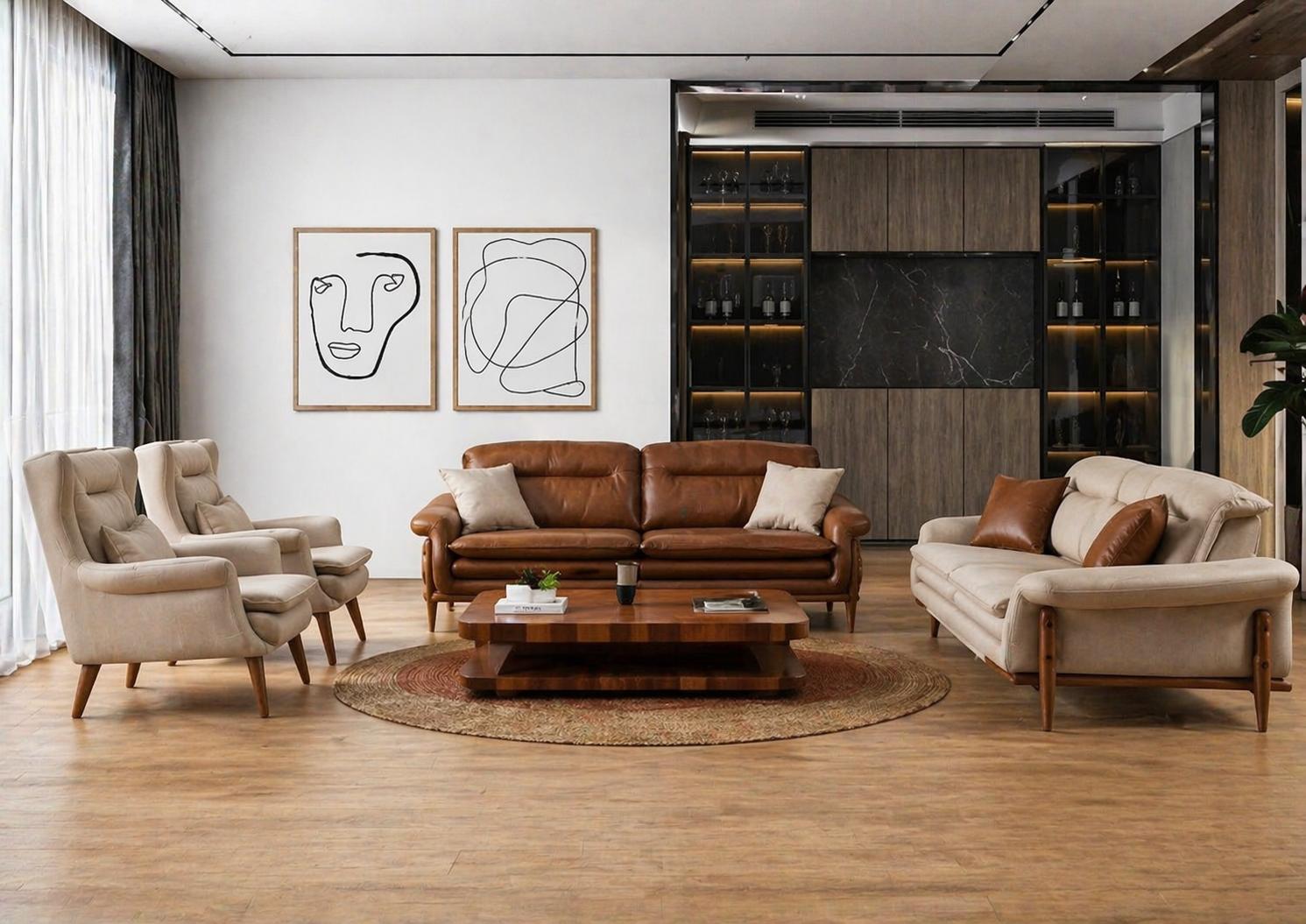 Polstergarnitur 3-Sitzer Sofa Sessel Modern Leder Braun Beige