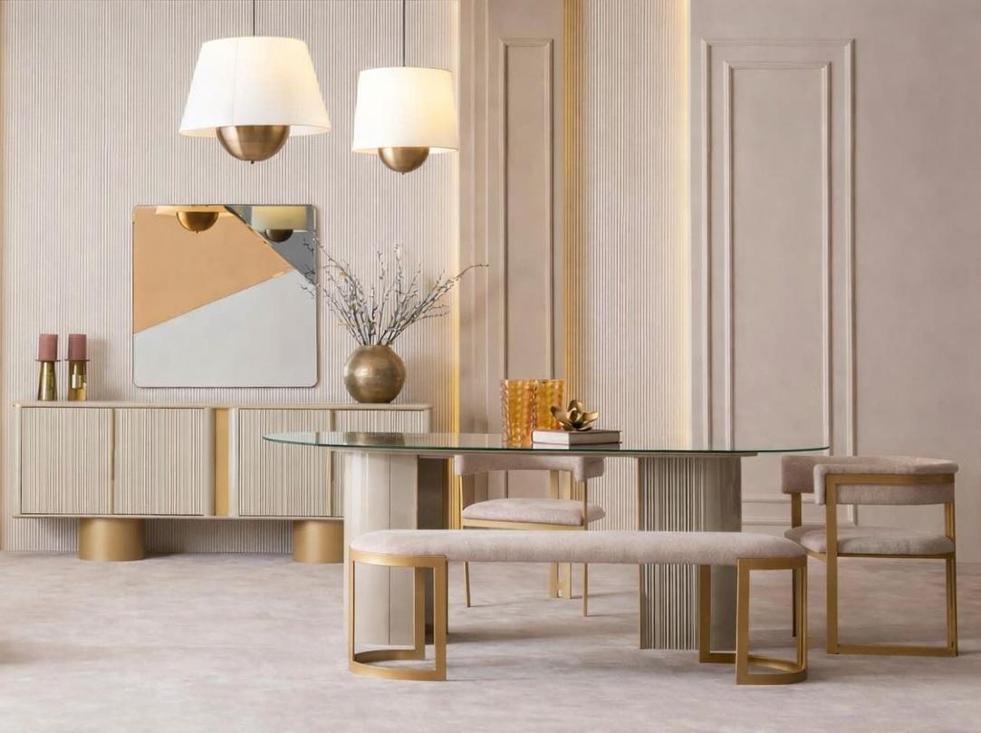 Exklusives Esszimmer Set mit Esstisch Sitzbank Stühlen und Spiegel