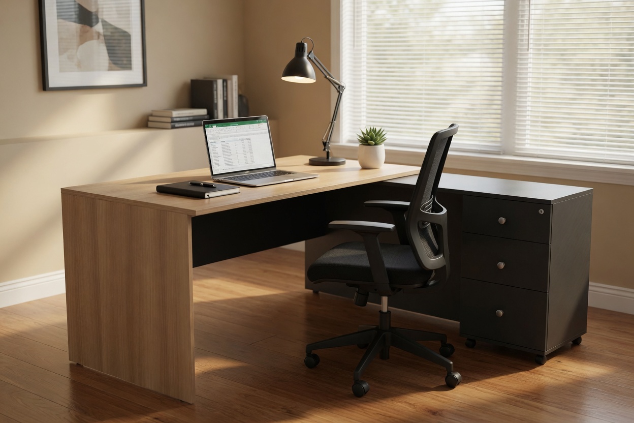 Praktischer Schreibtisch mit Stauraum und modernem Look aus Holz