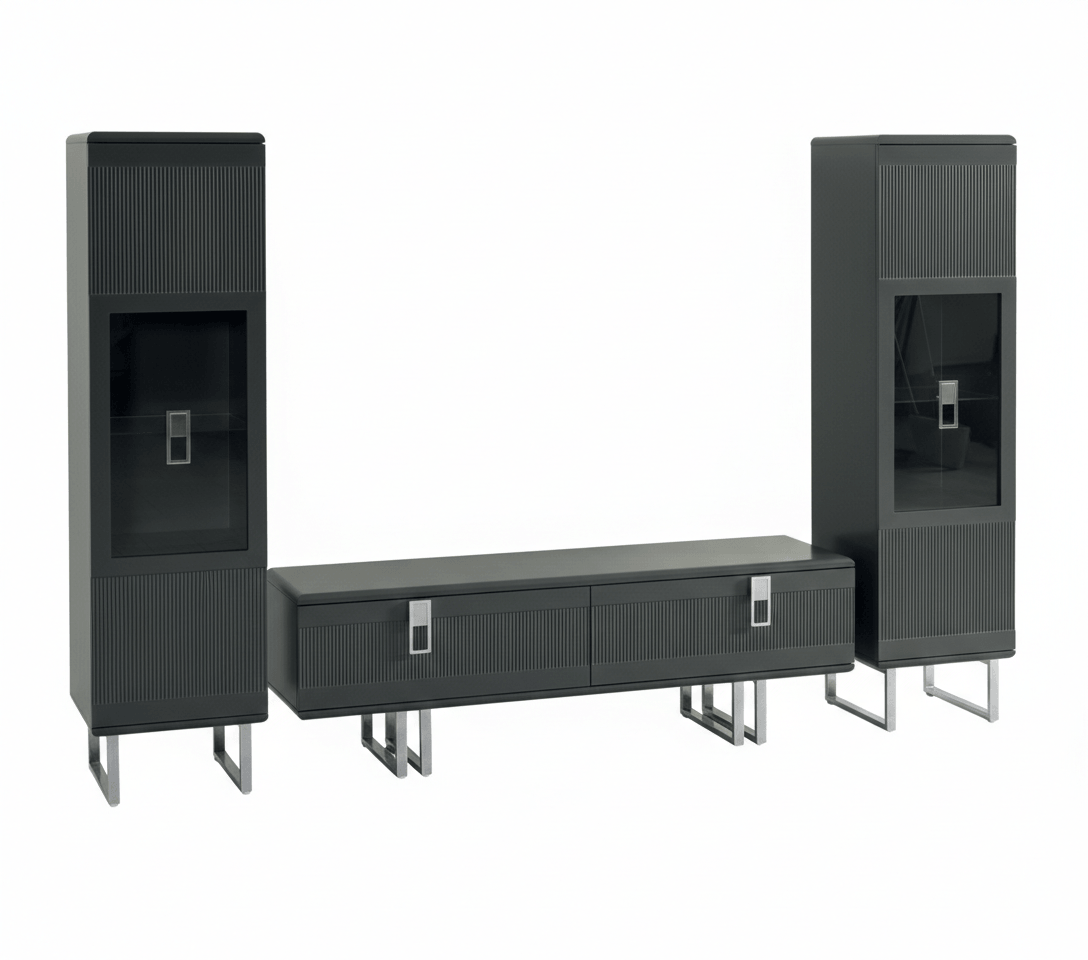 Modernes 3-tlg. Set mit TV-Lowboard und 2 schmalen Vitrinen