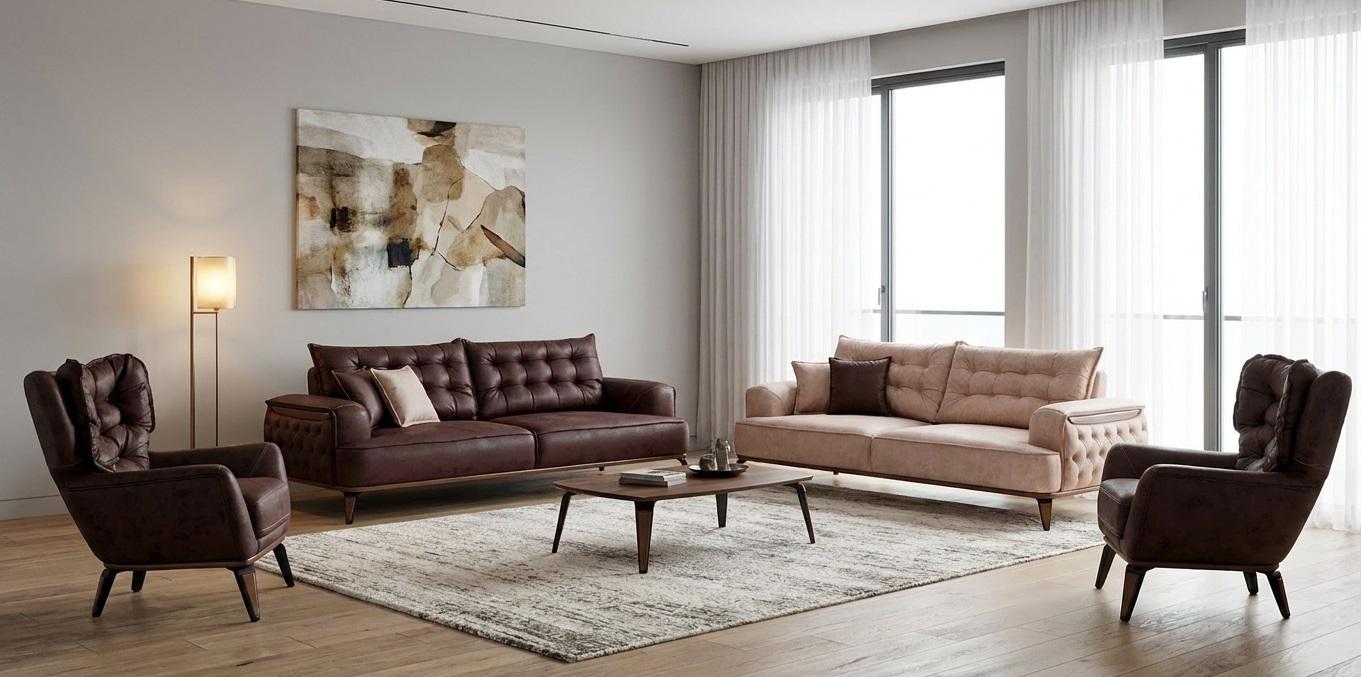 Polstergarnitur 3Sitzer-Sofa Sessel Leder Modern Dunkelbraun Kissen