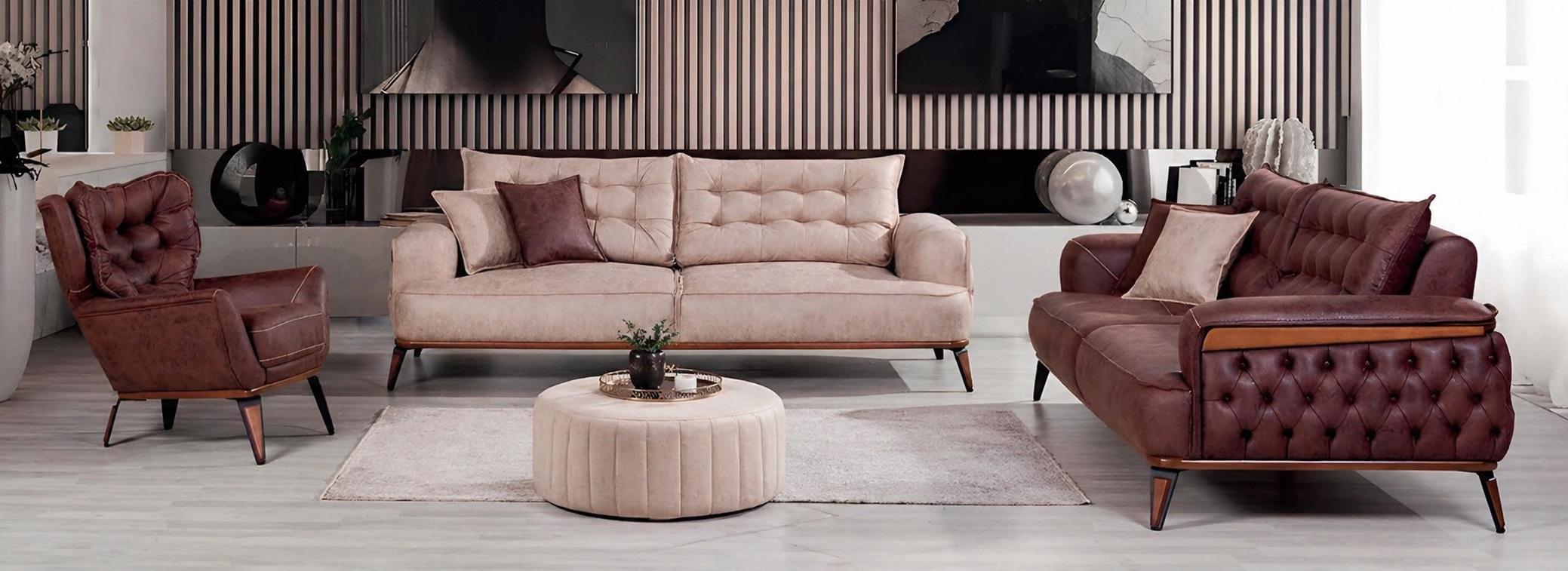 Polstergarnitur 3-Sitzer sofa Sessel Leder Kissen Dunkelbraun Beige