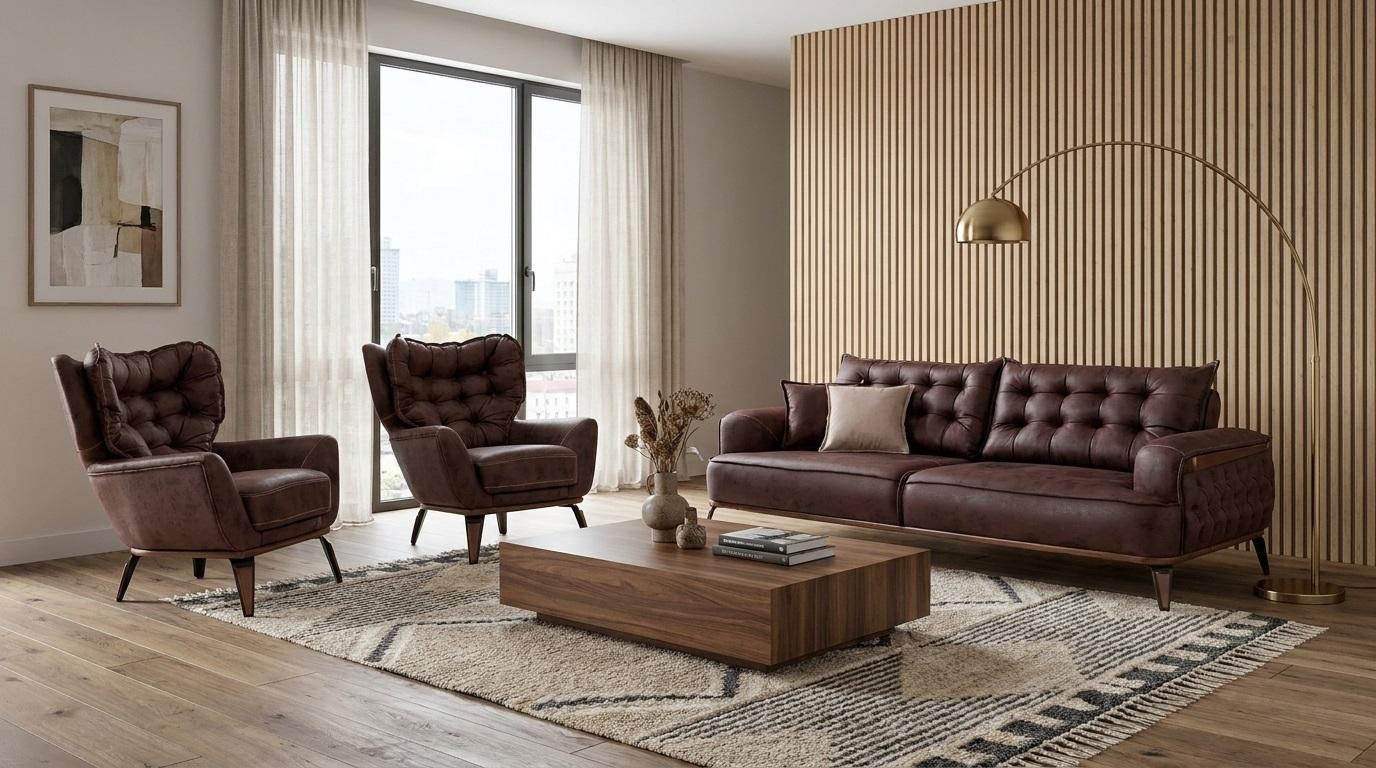 Polstergarnitur 3-Sitzer sofa Sessel Leder Modern Kissen Dunkelbraun