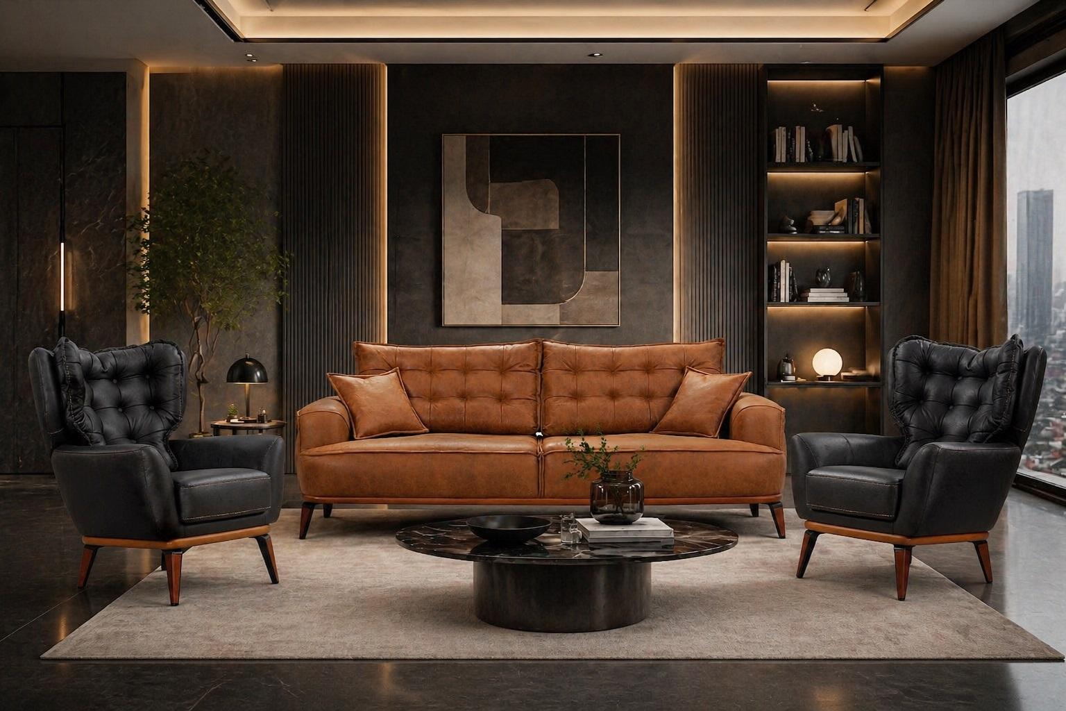 Polstergarnitur 3Sitzer-Sofa Sessel Leder Komfortabel Dunkelblau Braun