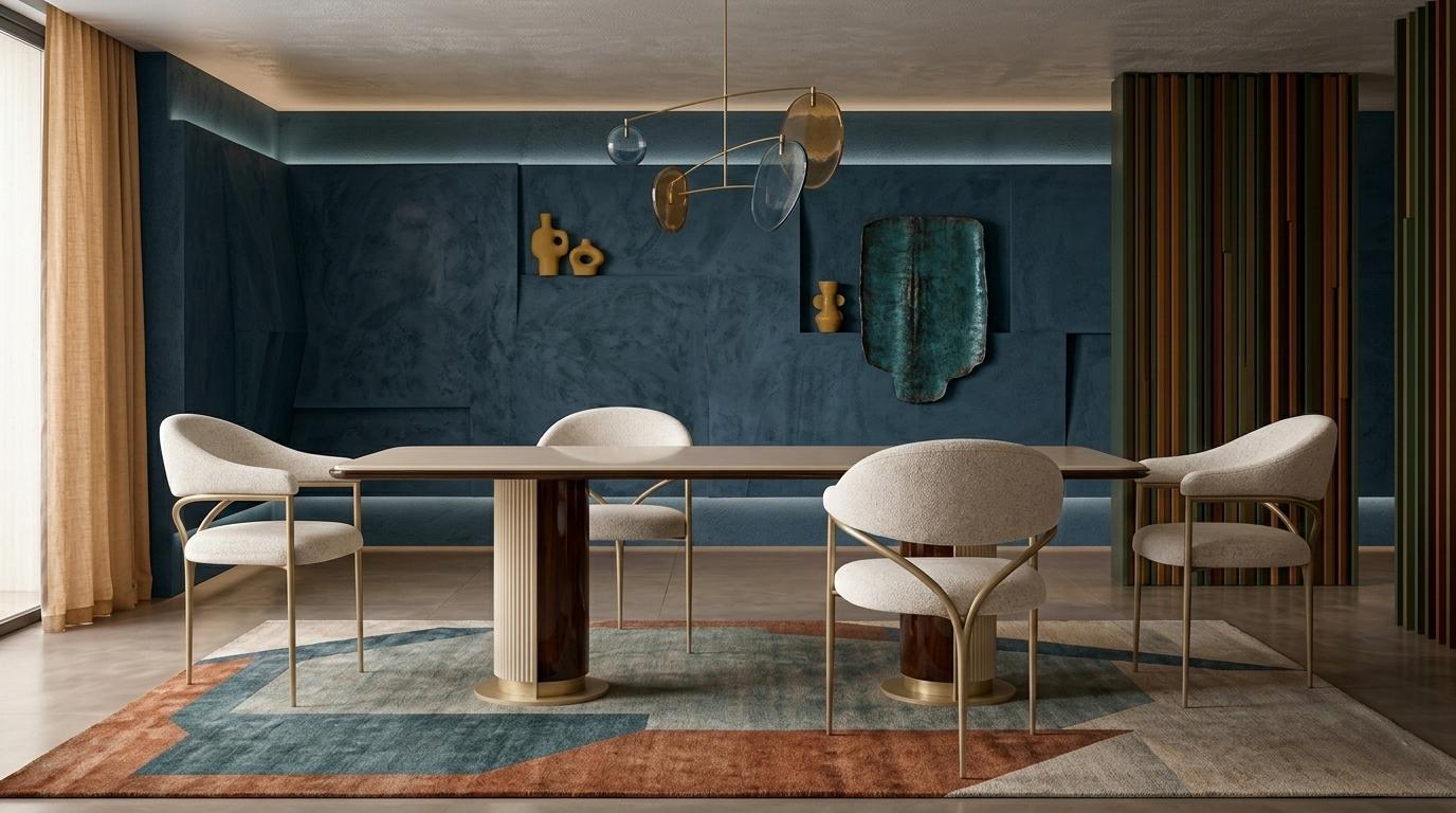 Elegantes beiges Esszimmer-Set rechteckiger Esstisch Stühle Designermöbel
