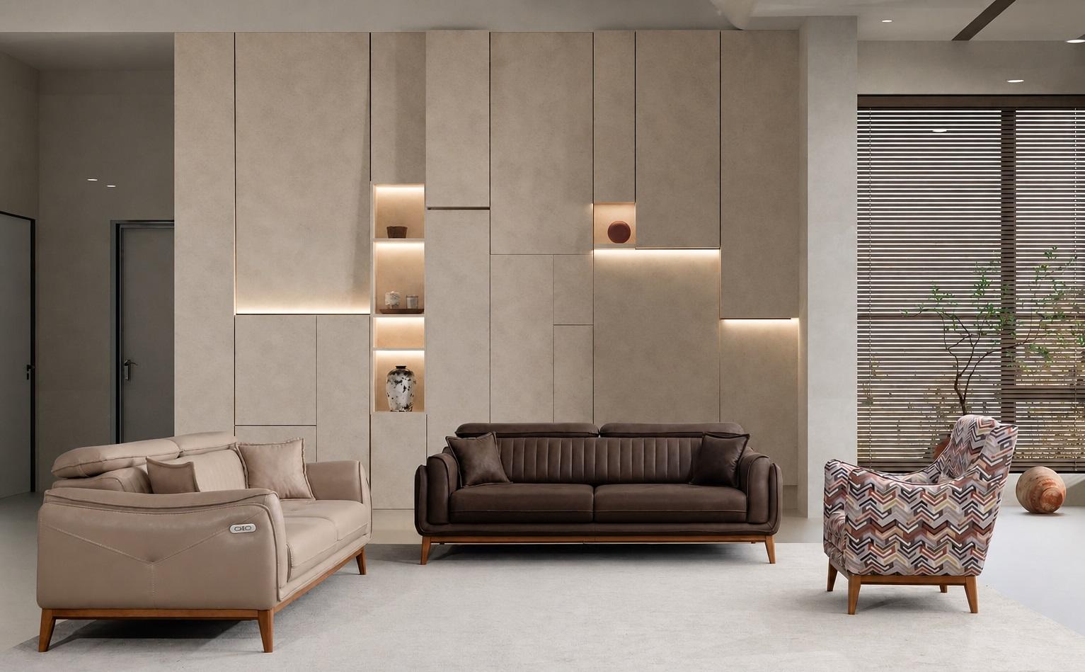Polstergarnitur 3-Sitzer sofa Leder Beige Braun Kissen Akzent Sessel