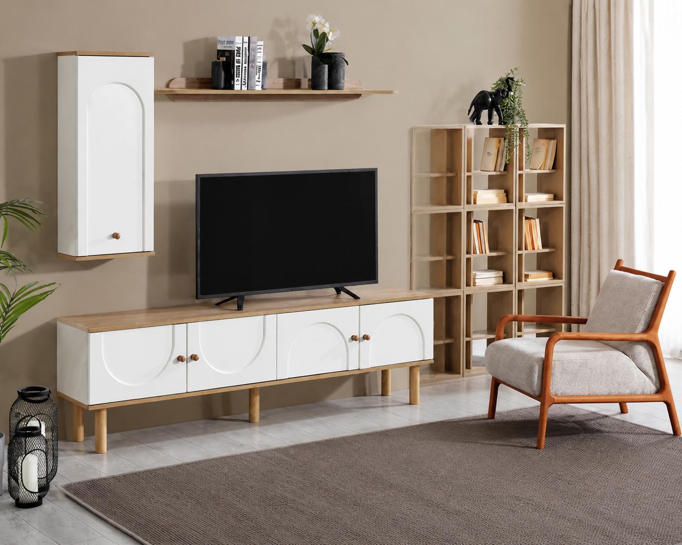 Skandinavisches TV-Lowboard mit 2 Wandregalen im modernen Holzdesign