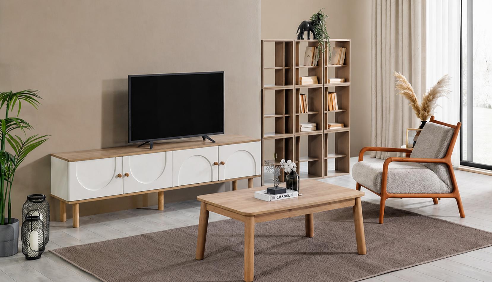 Skandinavisches TV-Lowboard und Couchtisch im modernen Holzdesign