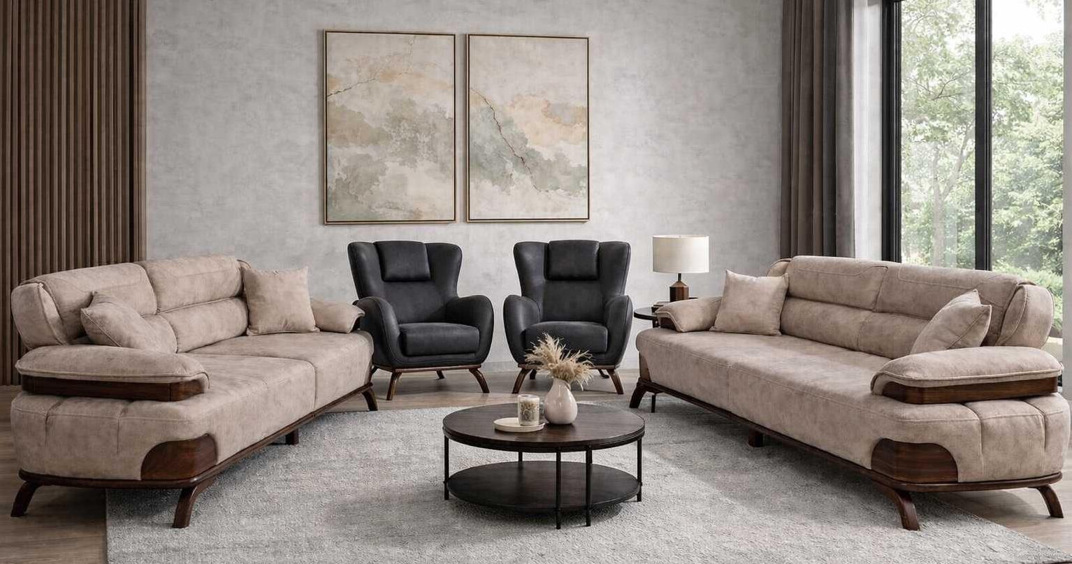 Polstergarnitur 3 Sitzer sofa Leder Beige Kissen Sessel Schwarz Modern
