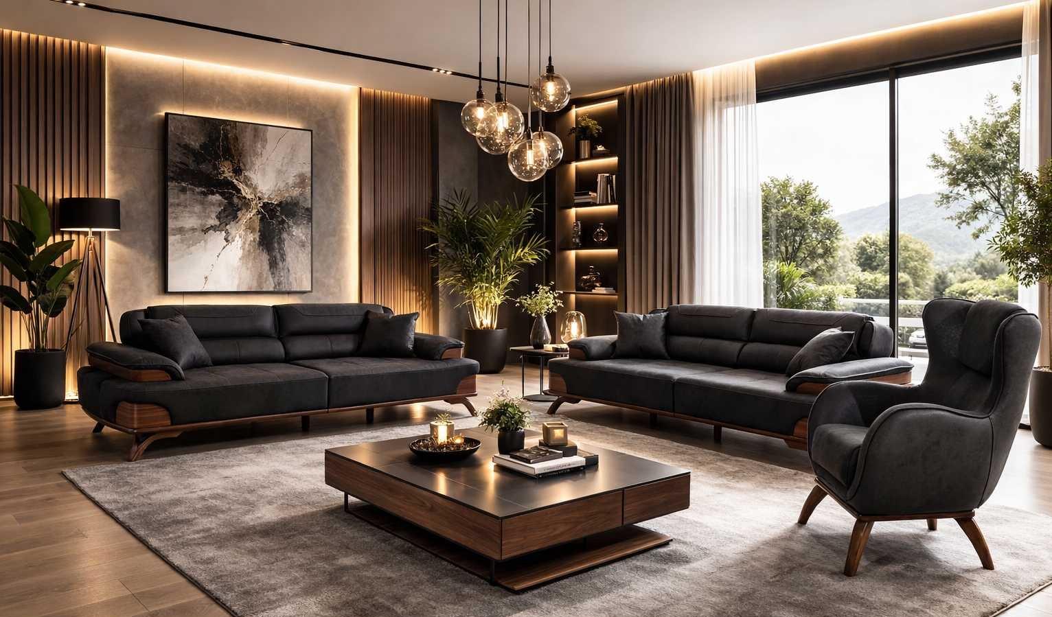 Polstergarnitur 3 Sitzer sofa Leder Kissen Sessel Schwarz Modern Neu