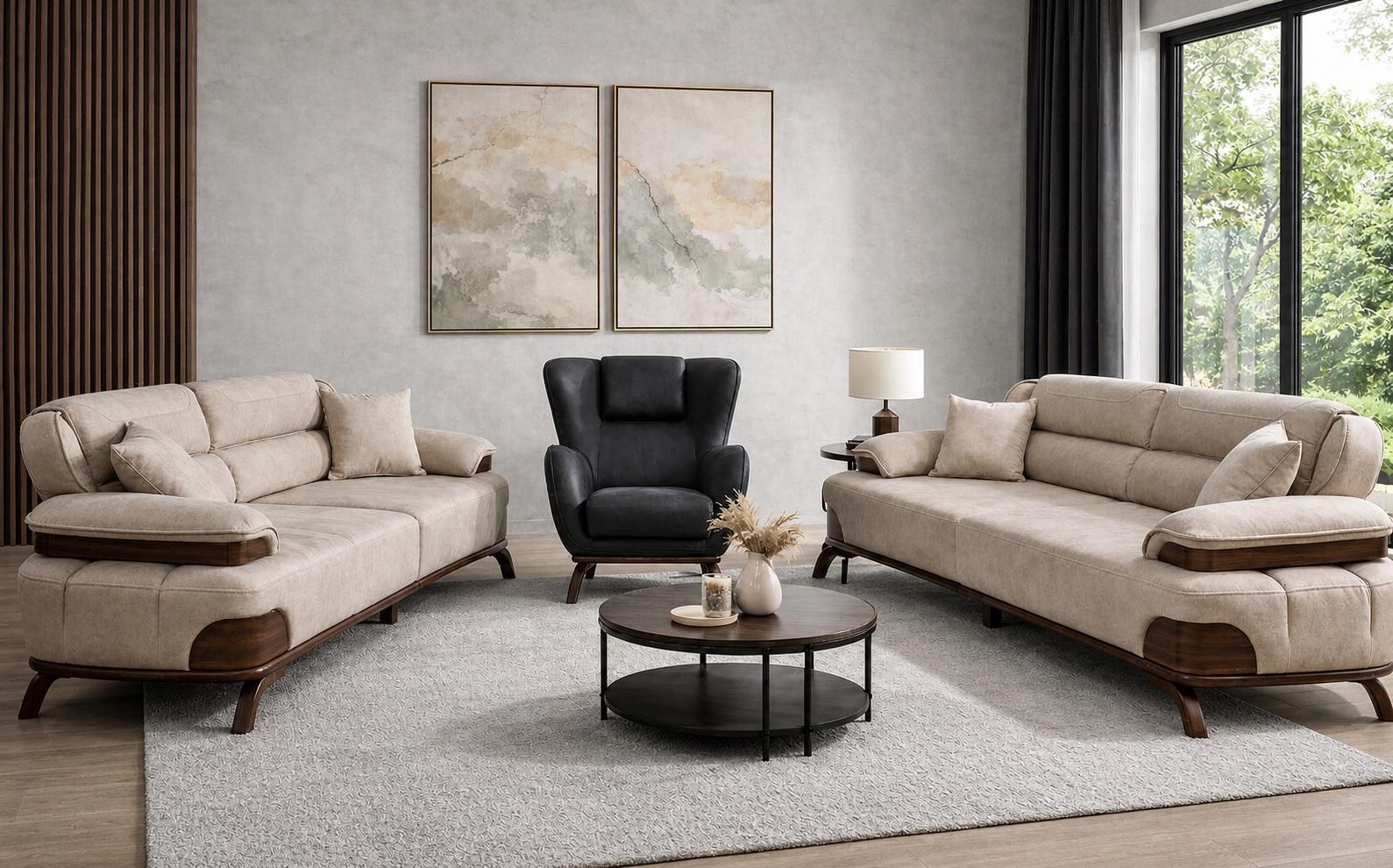 Polstergarnitur 3 Sitzer sofa Leder Beige Kissen Sessel Modern Elegant