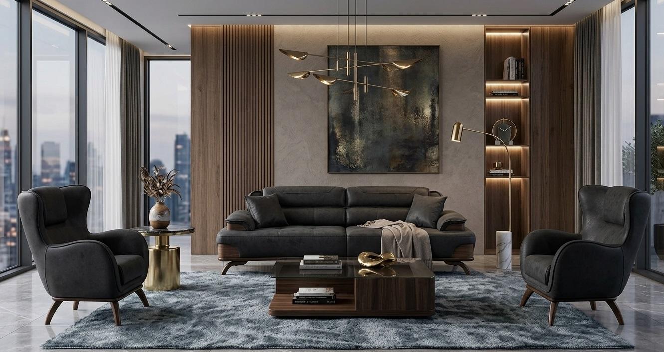Polstergarnitur 3 Sitzer sofa Leder Schwarz Kissen Sessel Elegant Neu