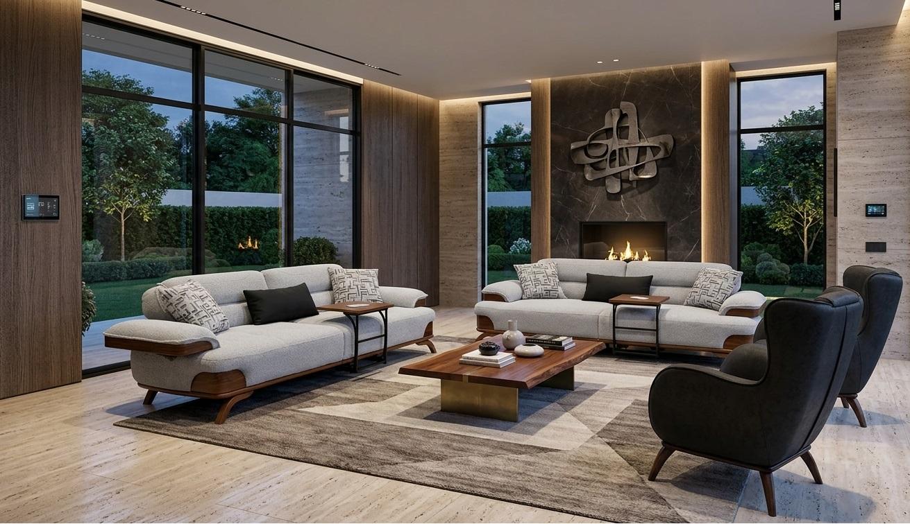 Polstergarnitur 3-Sitzer sofa Grau Sessel Leder Schwarz Kissen Modern