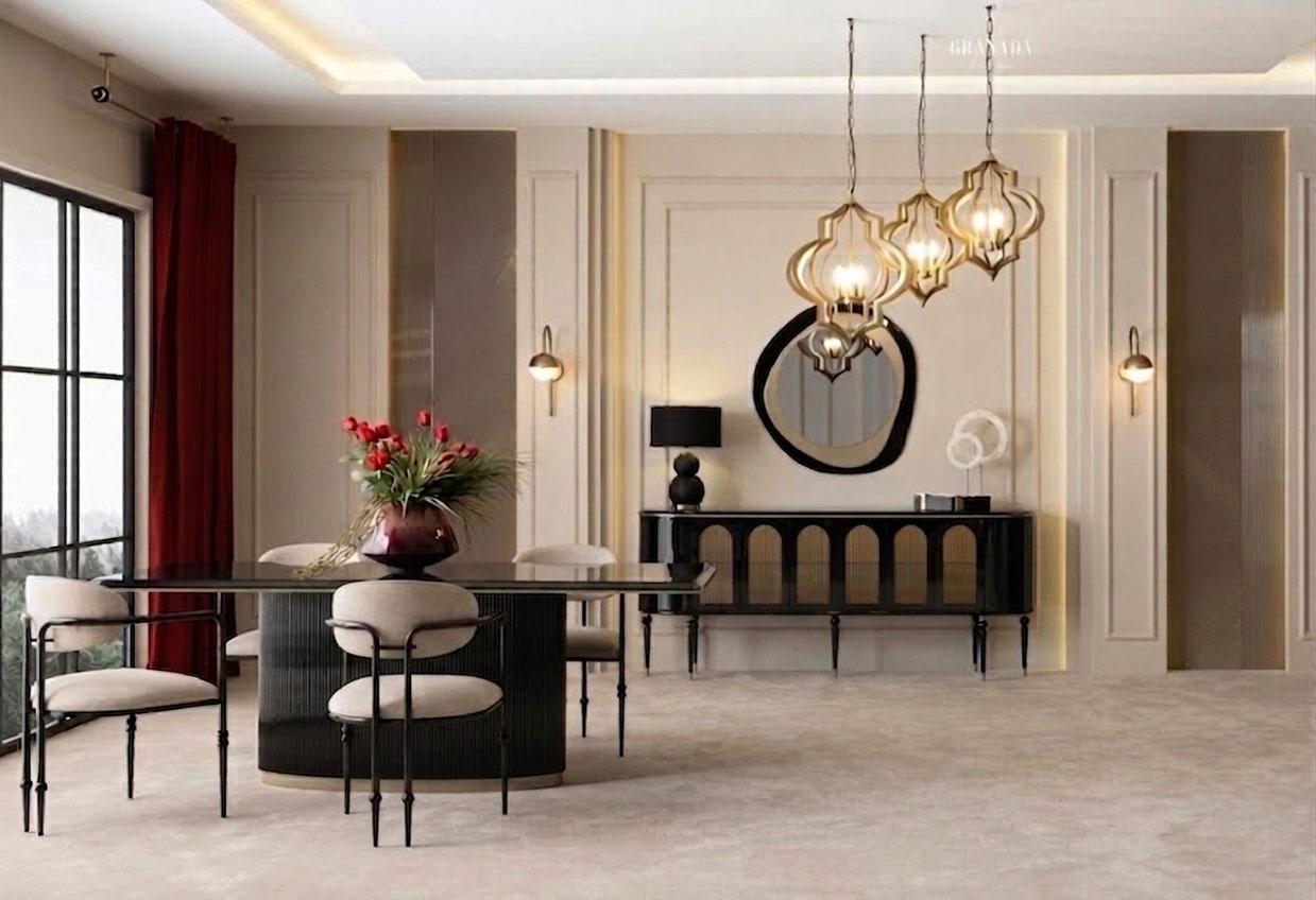 Luxuriöses Esszimmer-Set schwarzer Esstisch vier gepolsterte Stühle Anrichte