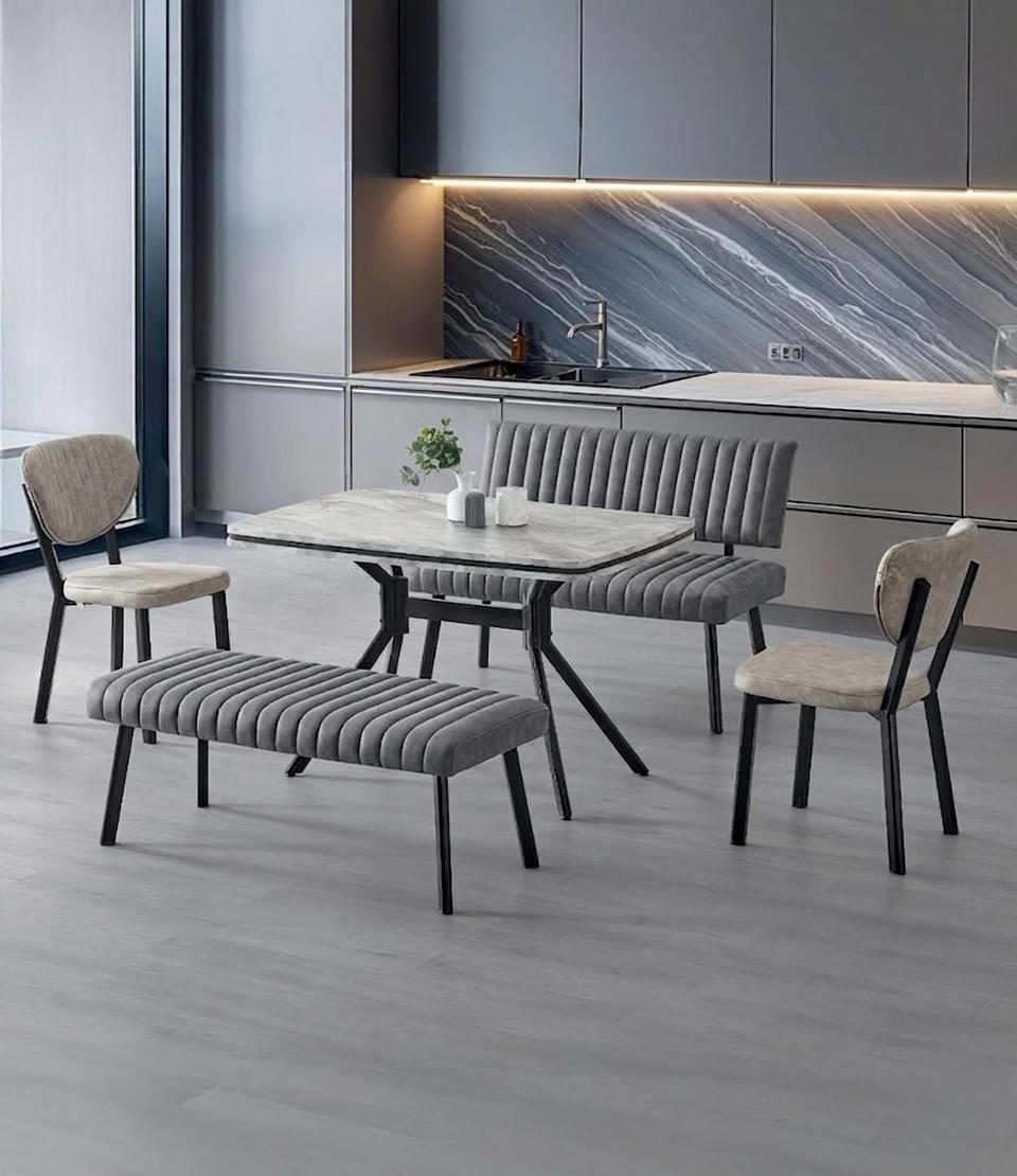 Esszimmer-Set Esstisch Sitzbank Bank 2x Stuhl Grau Bequem Marmor