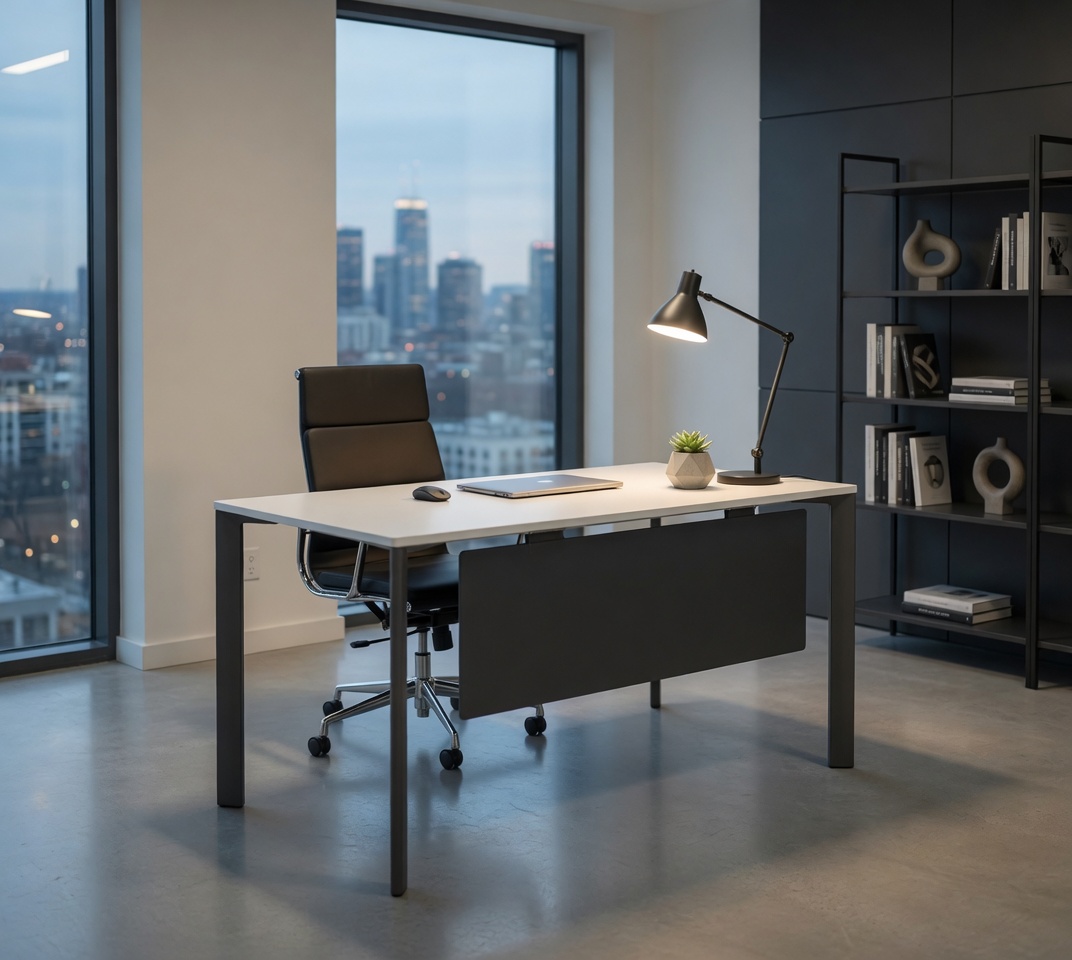 Schreibtisch Modern Weiss Metallgestell mit Blende Robust
