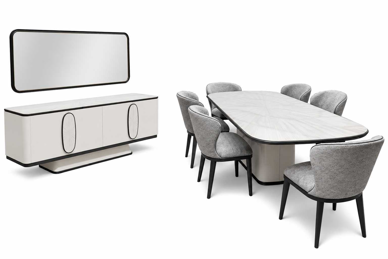 Komplettes Esstisch mit 6x Stühle Esszimmer Sideboard mit Spiegel