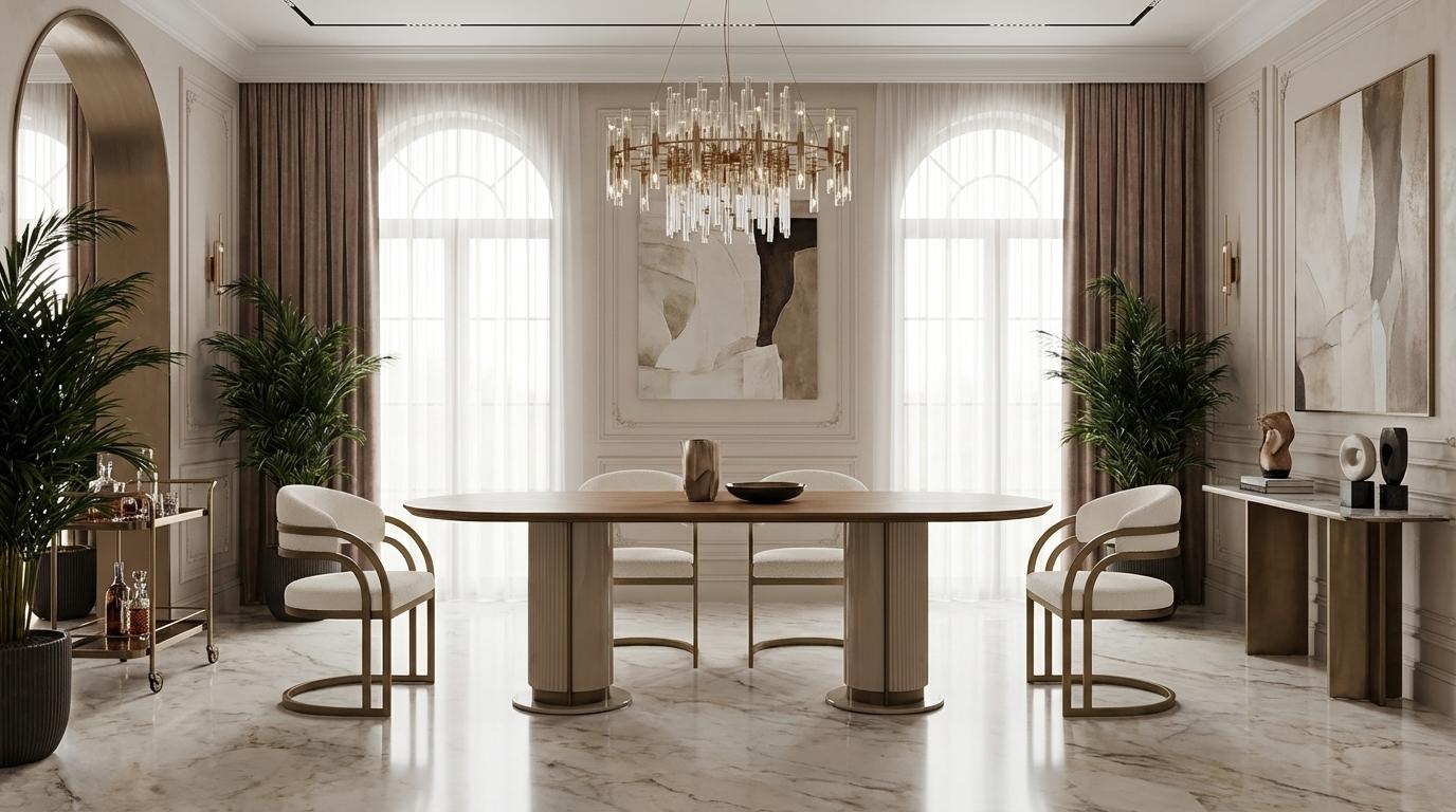 Beige-braunes Esszimmer-Set großer Esstisch 4 Stühle Esszimmermöbel