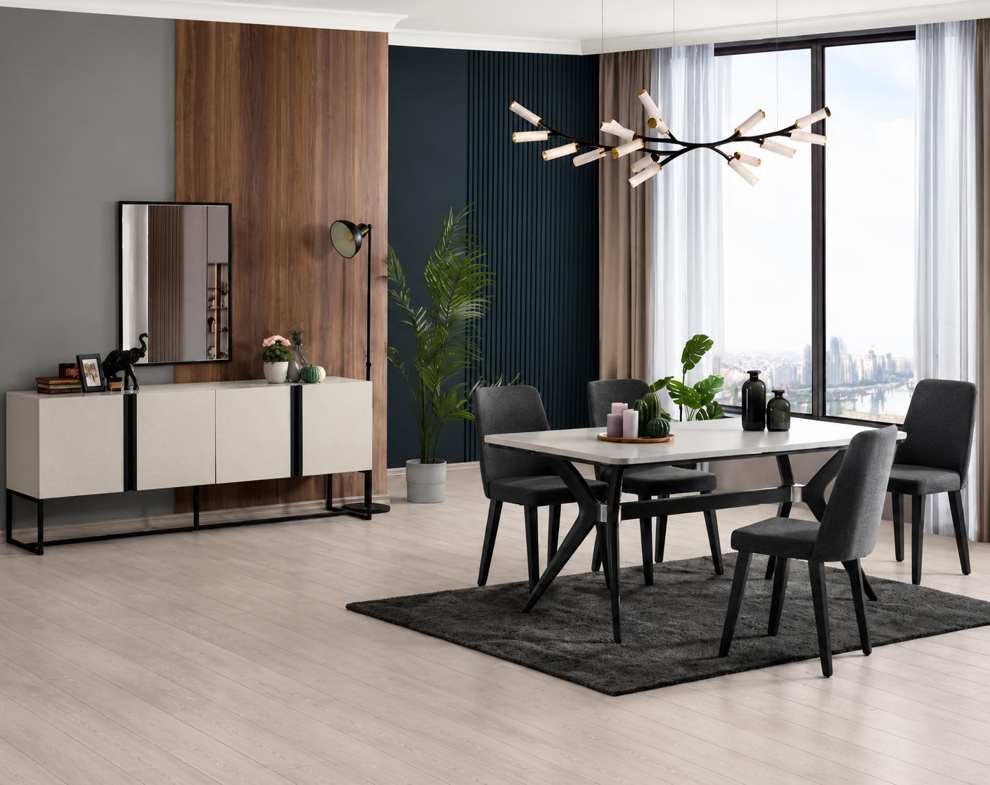 Esszimmer-Set mit Tisch 4 Stühlen Sideboard und Spiegel in Grau
