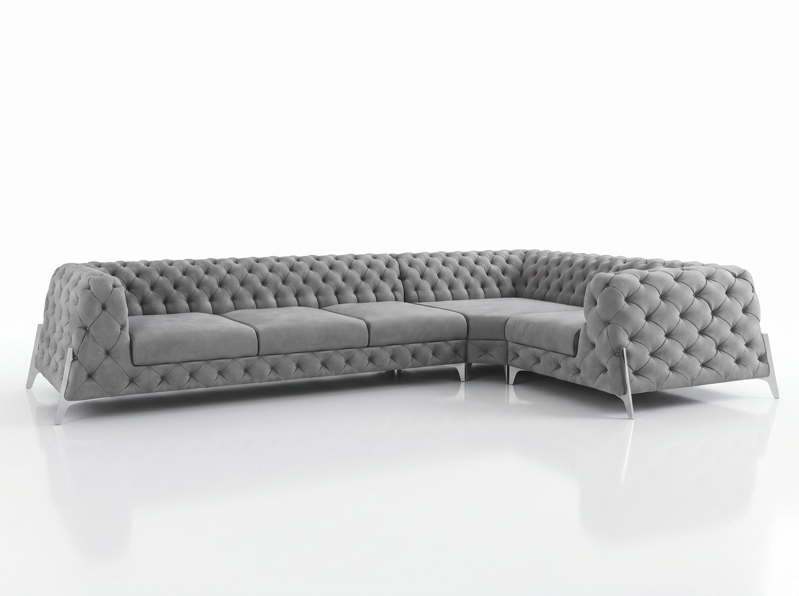 Luxuriöses graues L-förmiges Ecksofa großes Stoffsofa Chesterfield