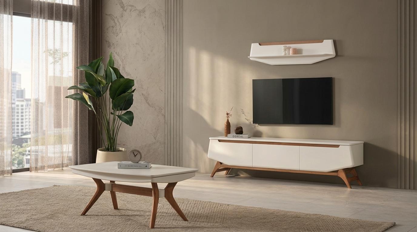 Tisch Wohnwand Schrank Regal Wohnzimmer Stil modern Farbe beige neu