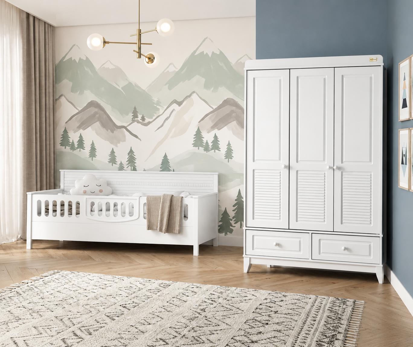 Weißes Kinderzimmer-Set mit Bett und Kleiderschrank für kleine Kinder
