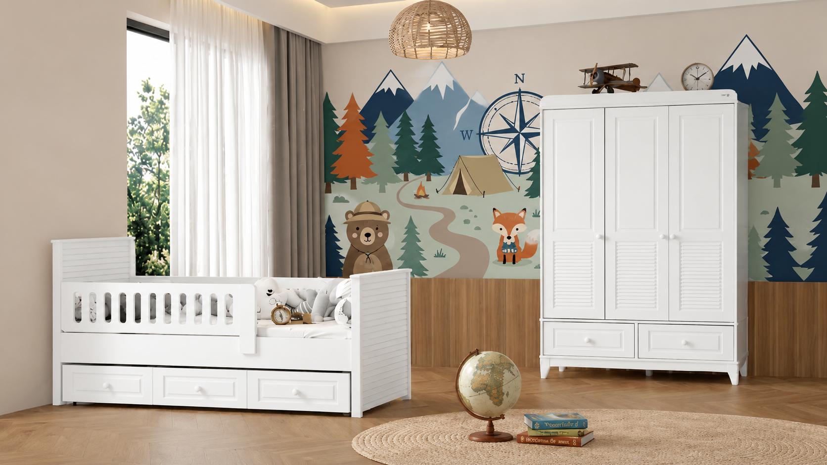 Weißes Kinderzimmer-Komplettset mit Bett und Kleiderschrank aus Holz