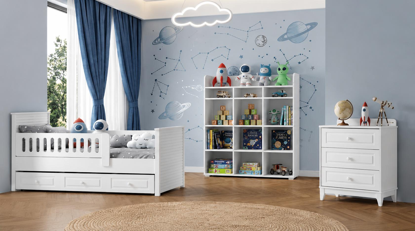 Weißes Kinderzimmer-Set mit Bett und Kommode für kleine Entdecker