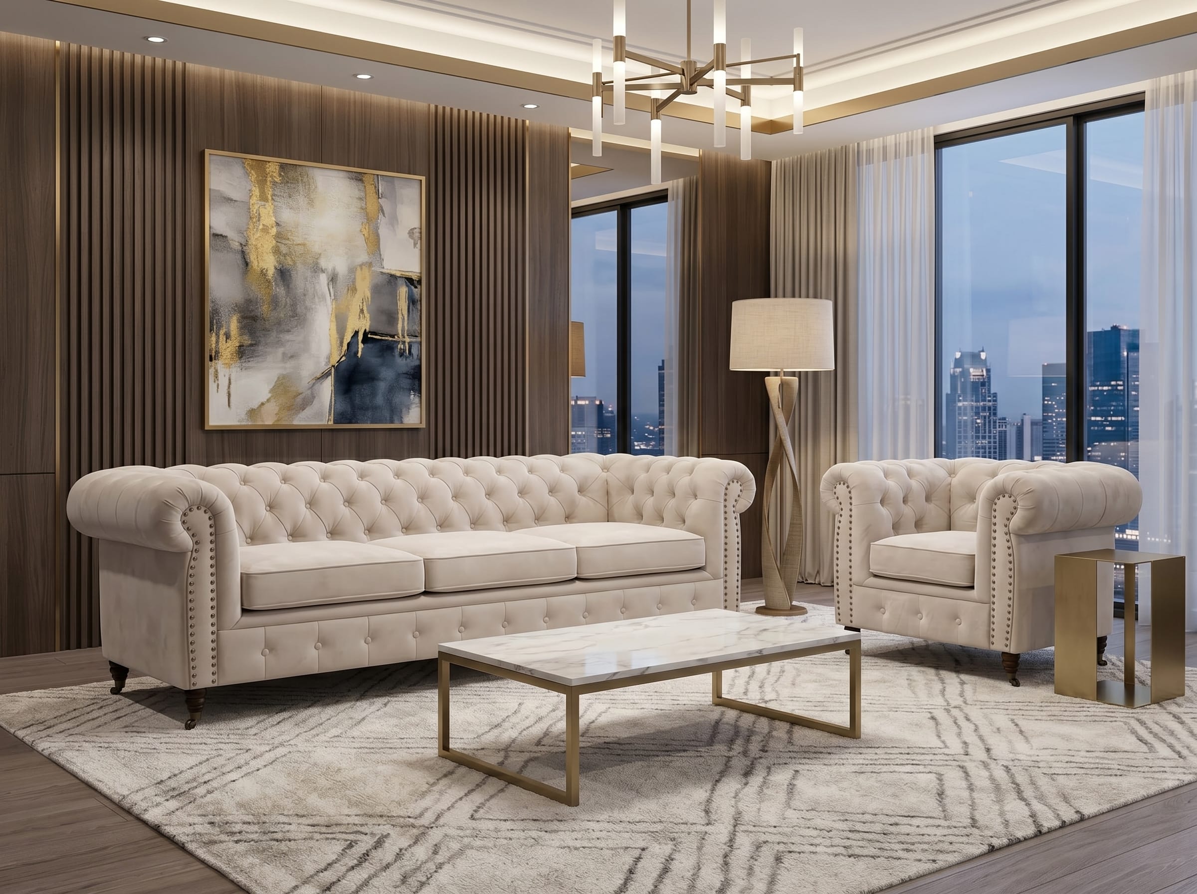 Beiges Wohnzimmer-Set 3+1-Sitzer-Sofas Chesterfield Gesteppte Sofas Klassiker