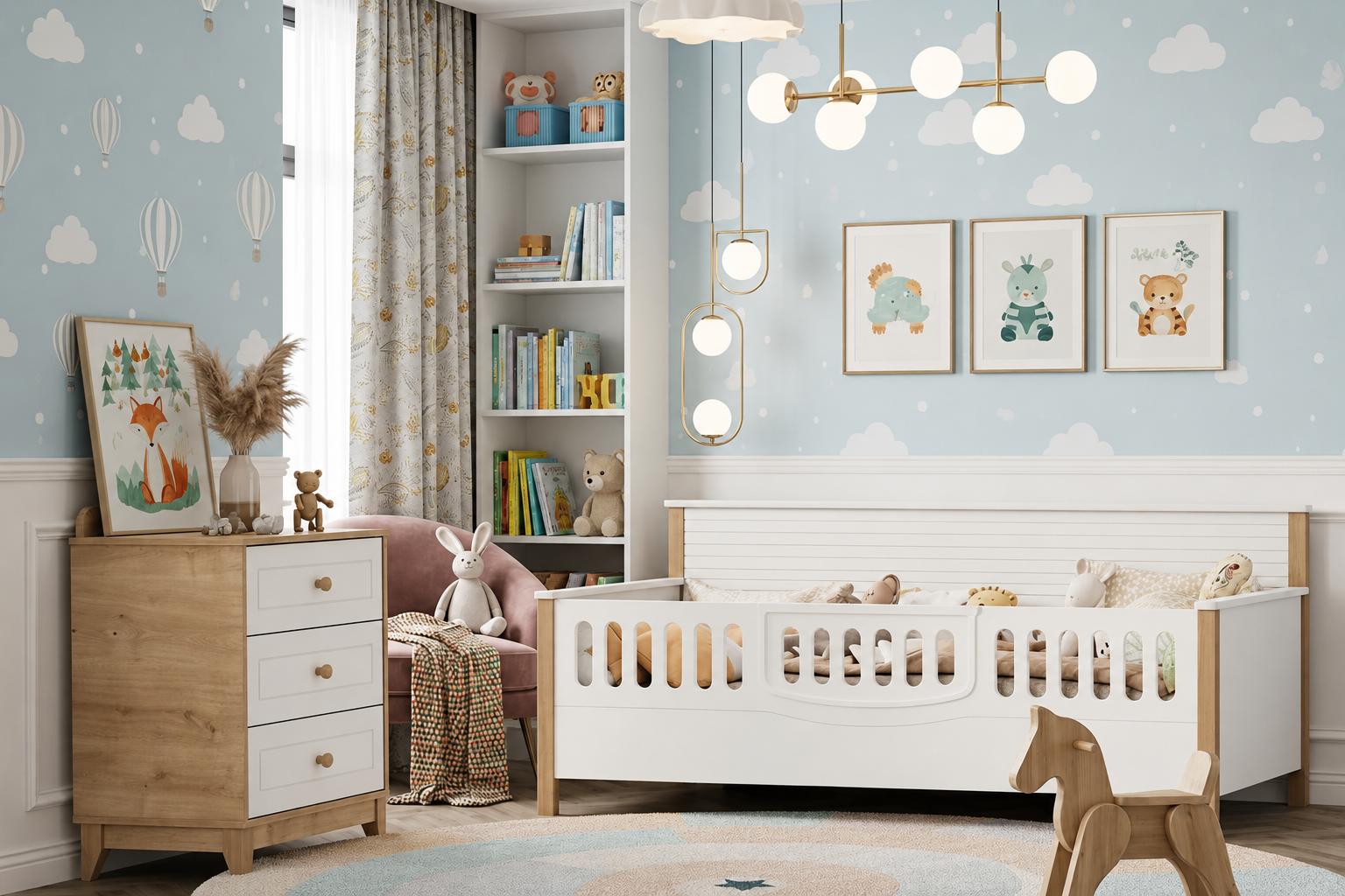 Skandinavisches Kinderzimmer Set mit Bett und breiter Kommode