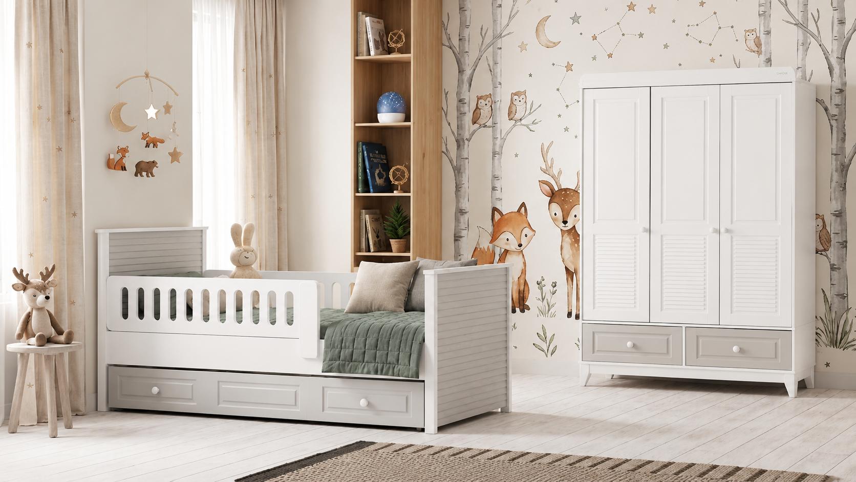Modernes Kinderzimmer Set mit Kinderbett und Kleiderschrank in Weiß