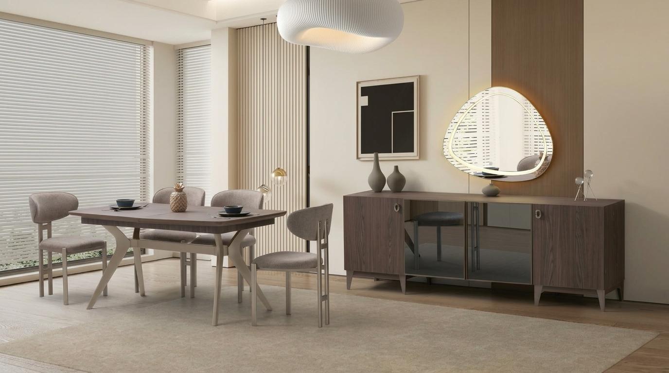 Esszimmer-Set Esstisch 4x Stuhl Spiegel Sideboard Braun Bequem