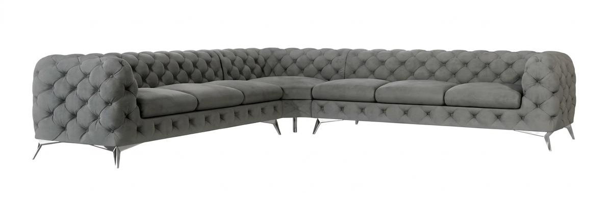 Luxuriöses graues L-förmiges Ecksofa Chesterfield großes gestepptes klassisch