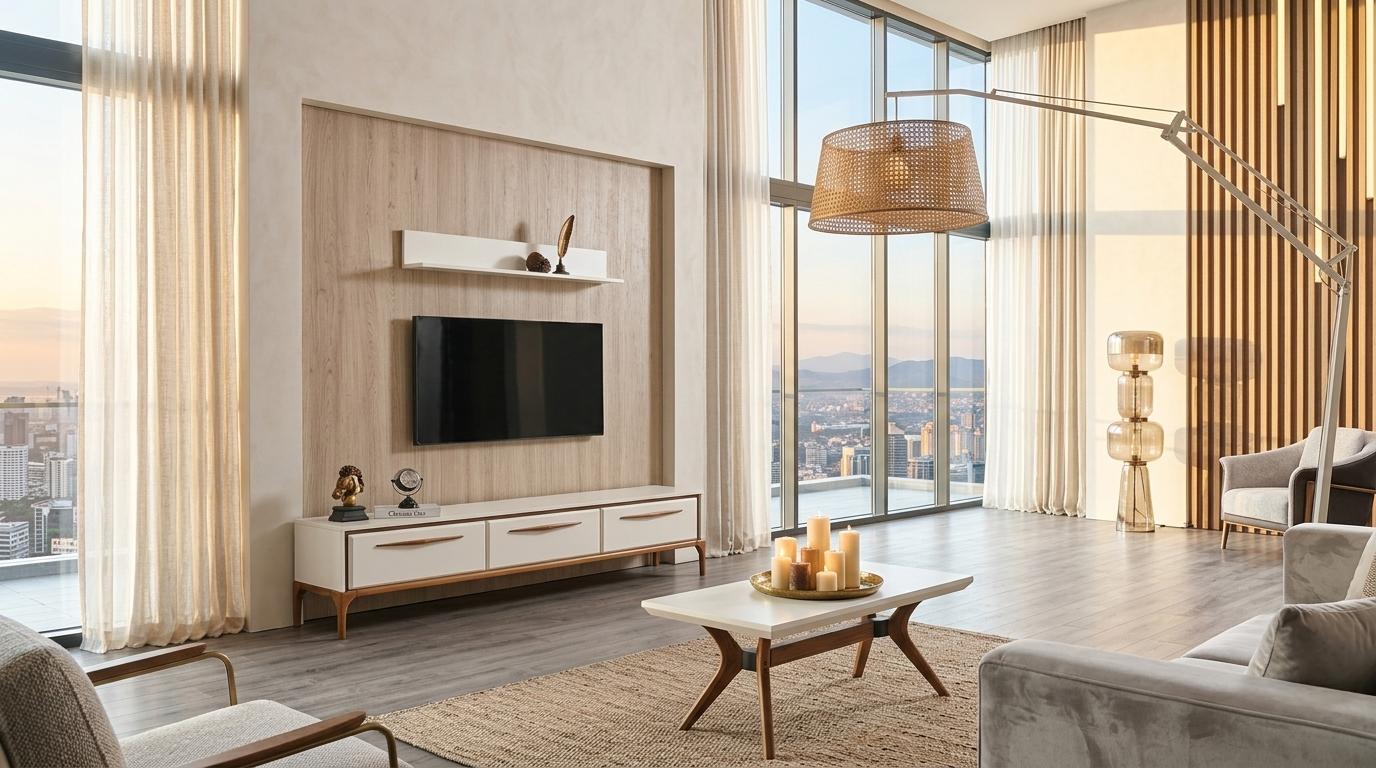 Tisch TV board Wandregal Stil modern weiß rechteckig Wohnzimmer praktisch