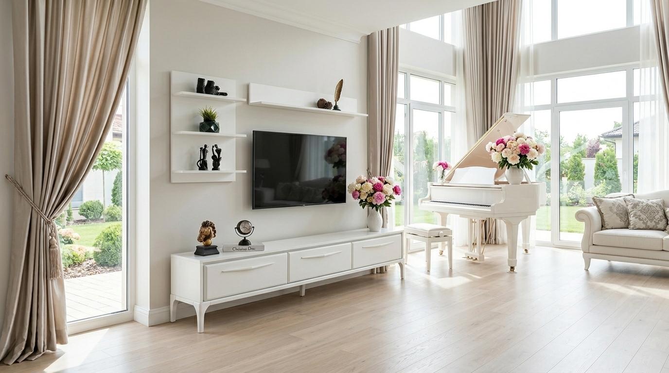 TV board Wandregal Wandschrank Stil modern weiß rechteckig Wohnzimmer