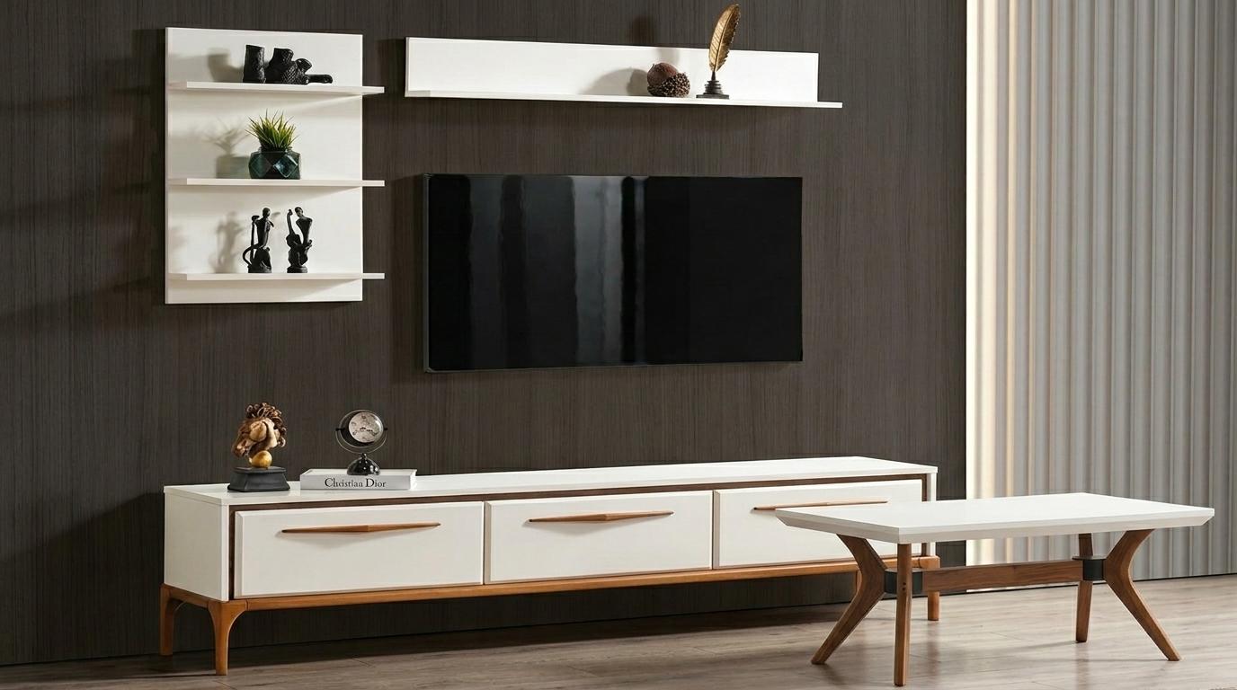 Tisch TV board Wandregal Wandschrank Stil modern weiß rechteckig bequem
