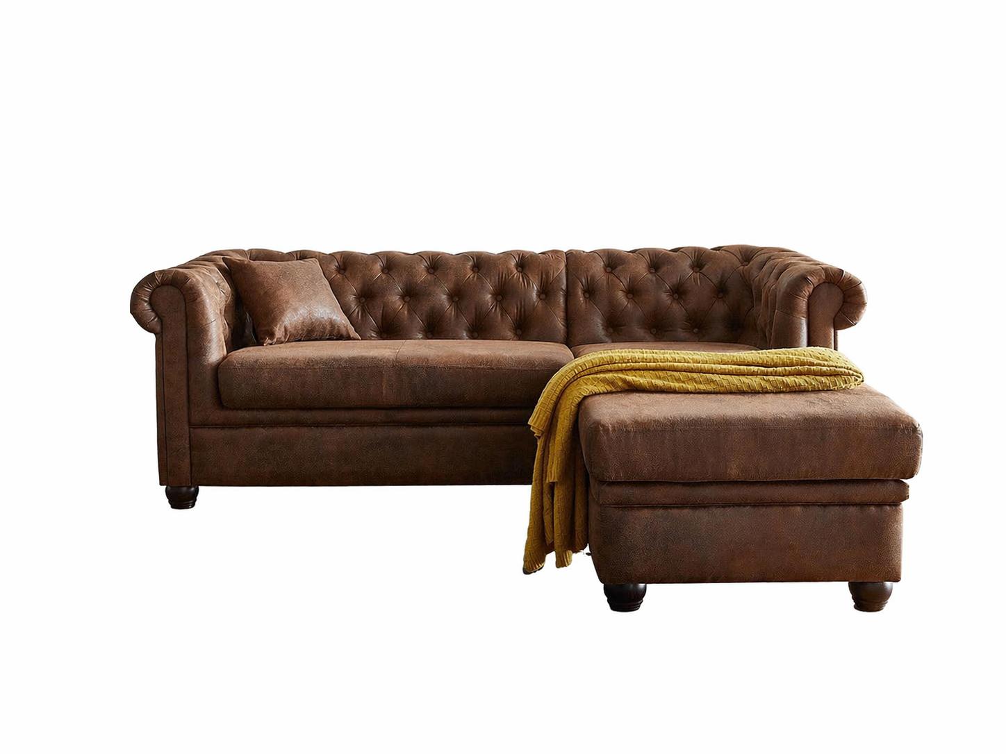 Braunes L-förmiges Ecksofa Chesterfield Klassisches gestepptes Ledersofa