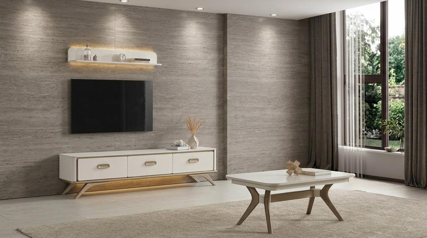 Tisch TV board Wandregal Stil modern weiß rechteckig bequem Wohnzimmer