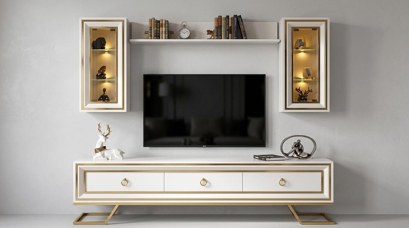 TV board Wandschrank Wandregal Stil modern weiß bequem Wohnzimmer Glas