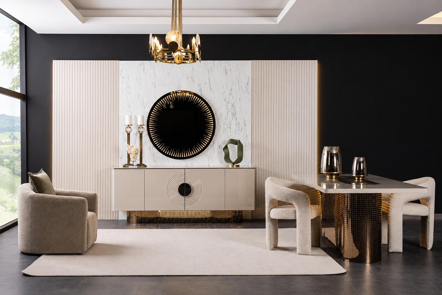 Elegantes Esszimmer Set Beiger Esstisch 2x Polsterstühle Sideboard